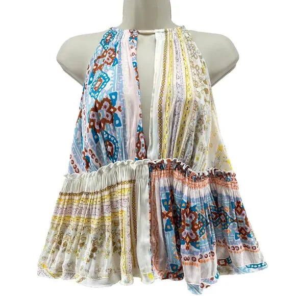 Free People Bellini Patchwork Halter Top Size L Spaghetti Straps Deep V-Neck - Picture 3 of 11